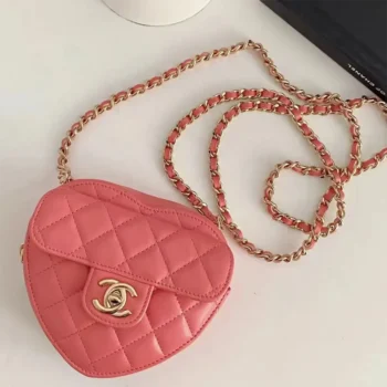 Chanel Women CC Heart Shape Bag Pink Calfskin Leather Gold-Tone Metal