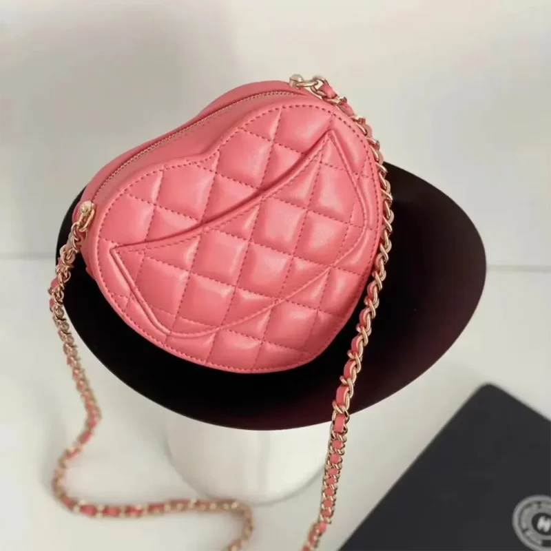 Chanel Women CC Heart Shape Bag Pink Calfskin Leather Gold-Tone Metal