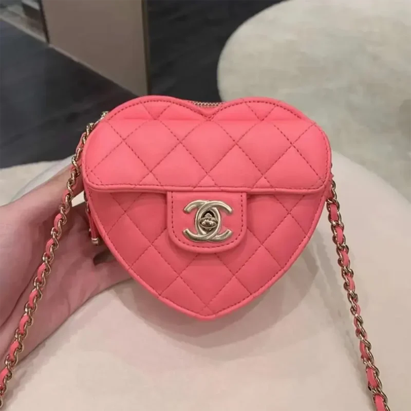 Chanel Women CC Heart Shape Bag Pink Calfskin Leather Gold-Tone Metal