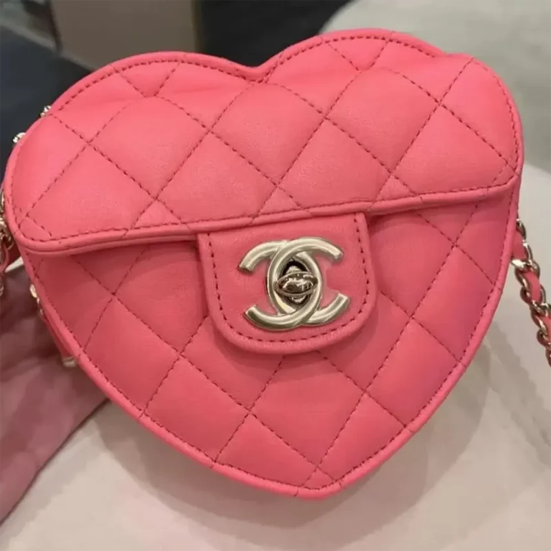 Chanel Women CC Heart Shape Bag Pink Calfskin Leather Gold-Tone Metal