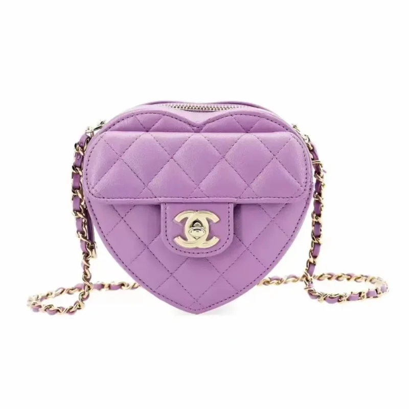 Chanel Women CC Heart Shape Bag Purple Calfskin Leather Gold-Tone Metal