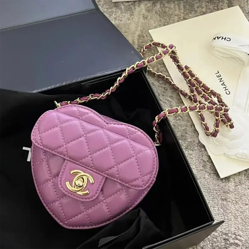 Chanel Women CC Heart Shape Bag Purple Calfskin Leather Gold-Tone Metal