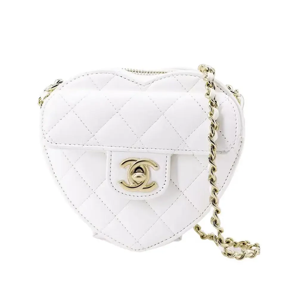 Chanel Women CC Heart Shape Bag White Calfskin Leather Gold-Tone Metal
