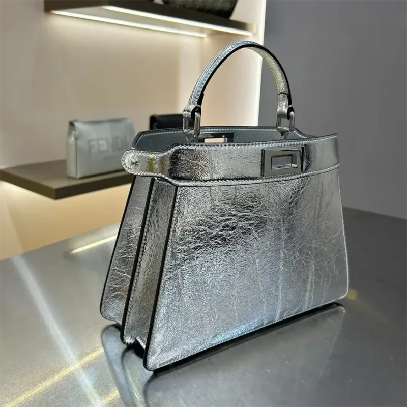 Fendi Women Peekaboo ISeeU Petite Small Silver Padded Nappa Leather Bag