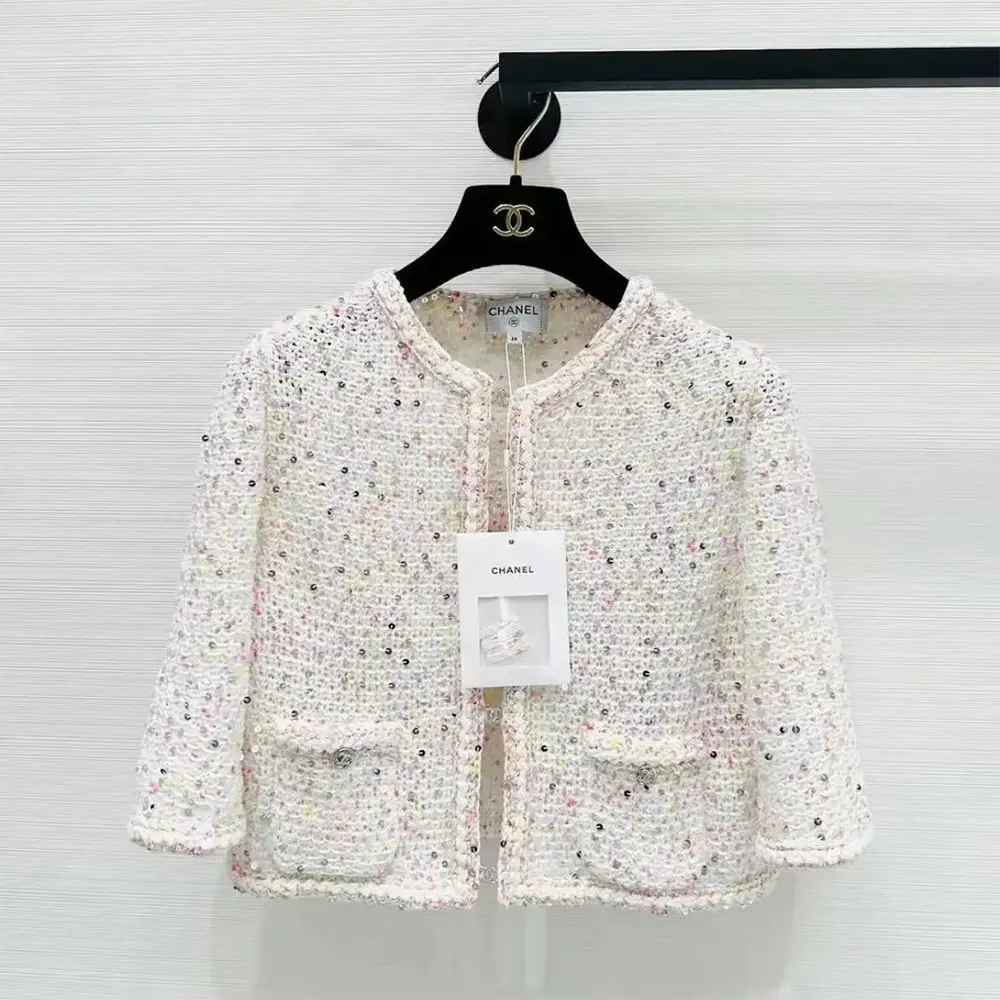 Chanel Women CC Coat Embroidered Cotton Wool Tweed Pink White