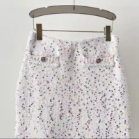 Chanel Women CC Skirt Embroidered Cotton Wool Tweed Pink White (1)