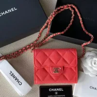 Chanel Women Flap Coin Purse Chain Iridescent Grained Calfskin-Red