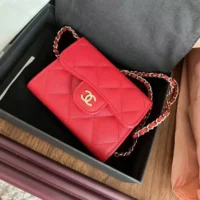 Chanel Women Flap Coin Purse Chain Iridescent Grained Calfskin-Red (1)