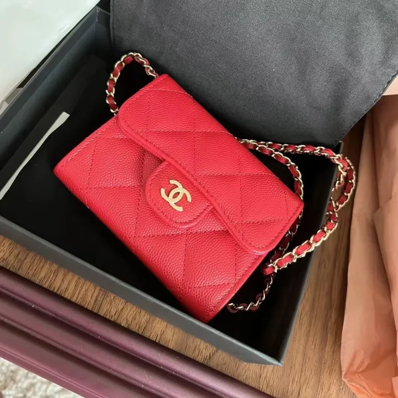 Chanel Women Flap Coin Purse Chain Iridescent Grained Calfskin-Red