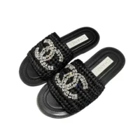 Chanel Women Raffia Crystal CC Mules Sandals-Black 94305 (1)