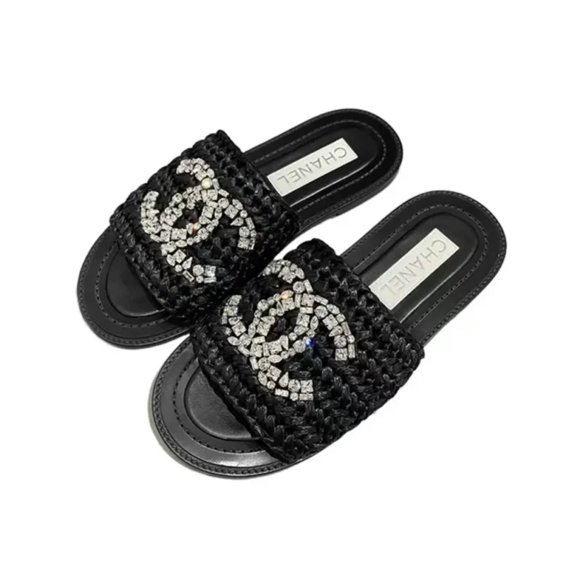 Chanel Women Raffia Crystal CC Mules Sandals-Black 94305