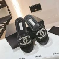 Chanel Women Raffia Crystal CC Mules Sandals-Black 94305 (1)