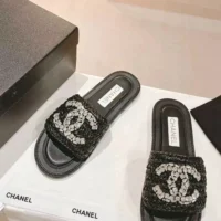 Chanel Women Raffia Crystal CC Mules Sandals-Black 94305 (1)