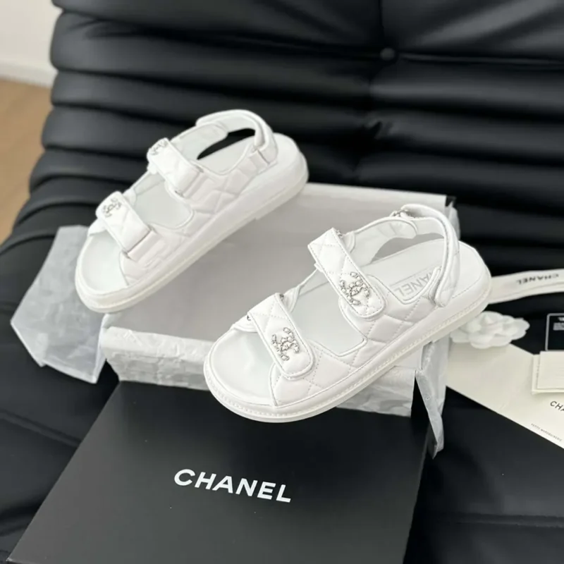 Chanel Women CC Open Toe Sandal in Calfskin Leather-White