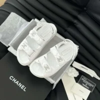 Chanel Women CC Open Toe Sandal in Calfskin Leather-White (2)