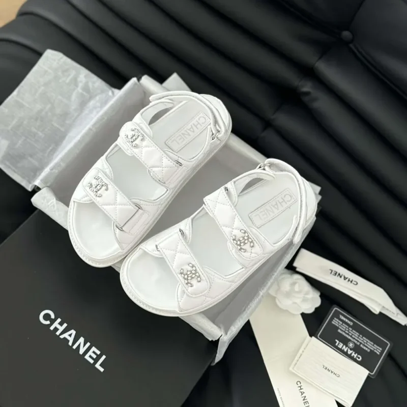 Chanel Women CC Open Toe Sandal in Calfskin Leather-White