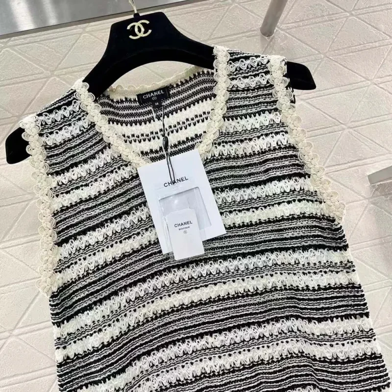 Chanel Women Dress Cotton & Viscose White & Black Sleeveless