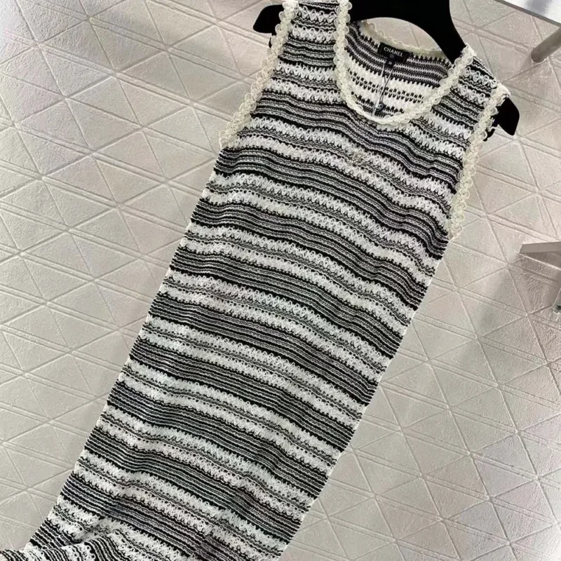 Chanel Women Dress Cotton & Viscose White & Black Sleeveless