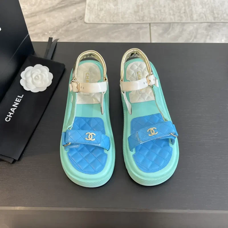 Chanel Women Open Toe Sandal in Calfskin Leather Aqua