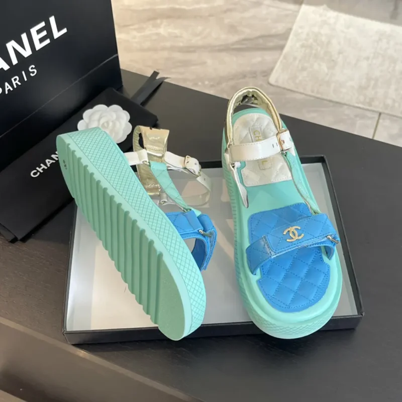 Chanel Women Open Toe Sandal in Calfskin Leather Aqua