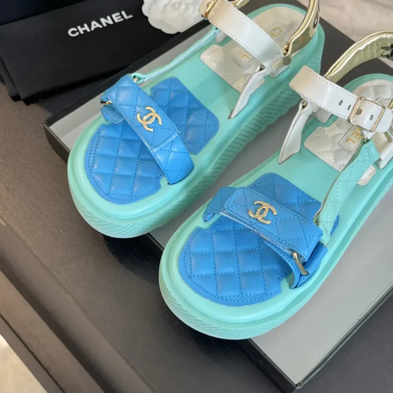 Chanel Women Open Toe Sandal in Calfskin Leather Aqua