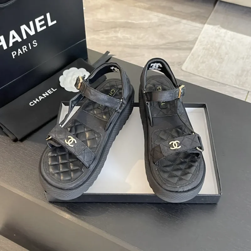 Chanel Women Open Toe Sandal in Calfskin Leather Black