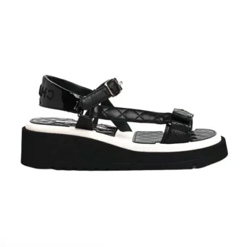 Chanel Women Open Toe Sandal in Calfskin Leather Black White