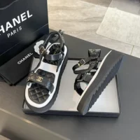 Chanel Women Open Toe Sandal in Calfskin Leather Black White (1)