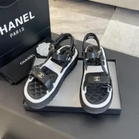 Chanel Women Open Toe Sandal in Calfskin Leather Black White (1)