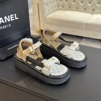 Chanel Women Open Toe Sandal in Calfskin Leather Gold