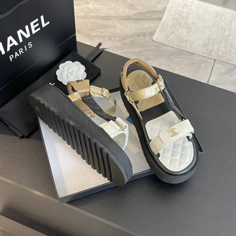 Chanel Women Open Toe Sandal in Calfskin Leather Gold