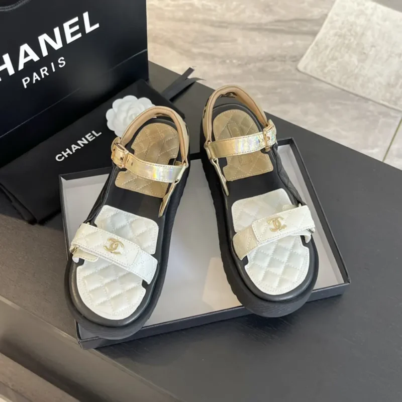 Chanel Women Open Toe Sandal in Calfskin Leather Gold