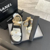 Chanel Women Open Toe Sandal in Calfskin Leather Gold (2)