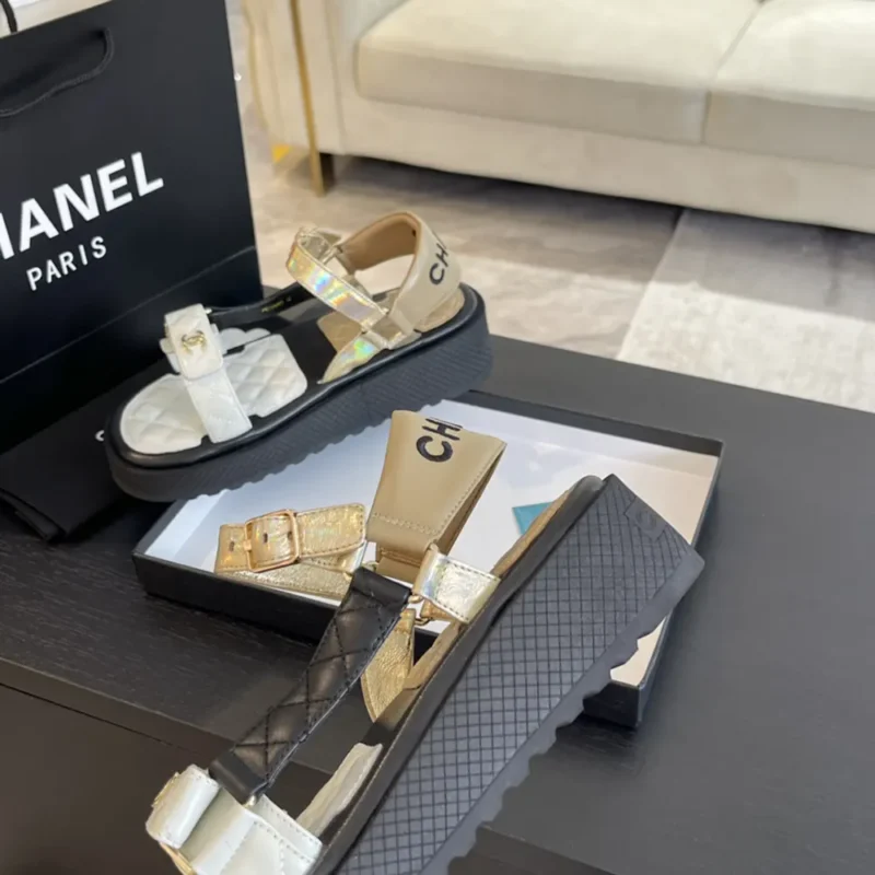 Chanel Women Open Toe Sandal in Calfskin Leather Gold