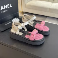 Chanel Women Open Toe Sandal in Calfskin Leather Gold Pink