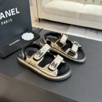 Chanel Women Sandals Braided Fabric BeigeBlack 1 cm Heel (1)