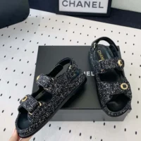 Chanel Women Sandals Braided Fabric Black 1 cm Heel (1)