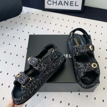 Chanel Women Sandals Braided Fabric Black 1 cm Heel