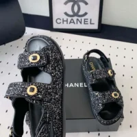 Chanel Women Sandals Braided Fabric Black 1 cm Heel (1)