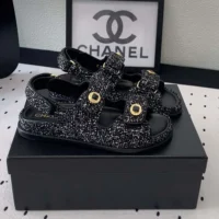 Chanel Women Sandals Braided Fabric Black 1 cm Heel (1)