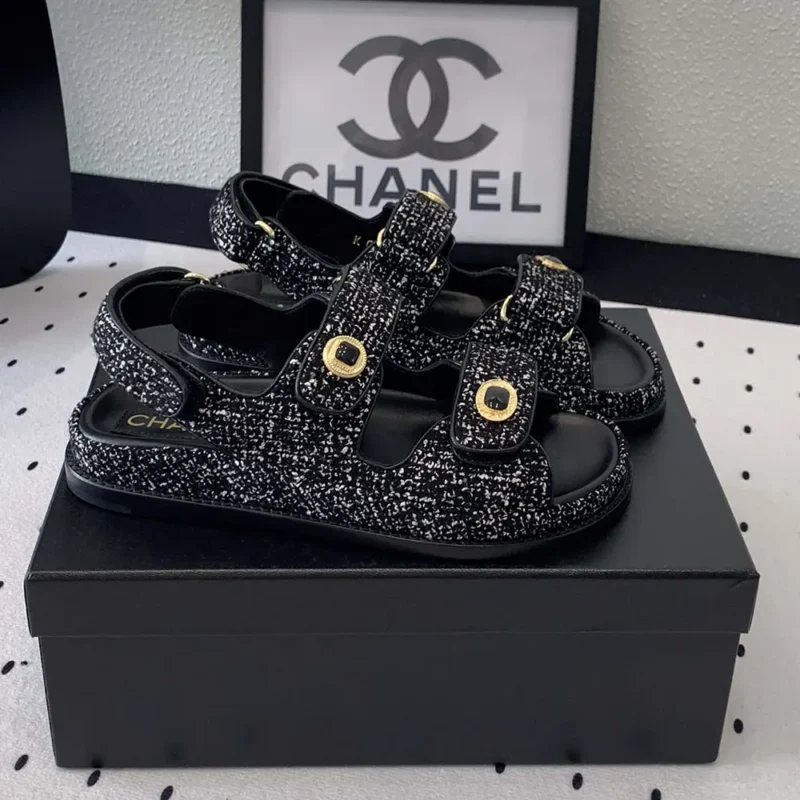 Chanel Women Sandals Braided Fabric Black 1 cm Heel