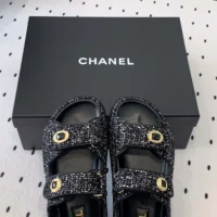 Chanel Women Sandals Braided Fabric Black 1 cm Heel (1)