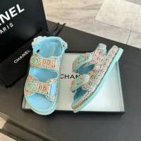 Chanel Women Sandals Braided Fabric Blue 1 cm Heel (1)