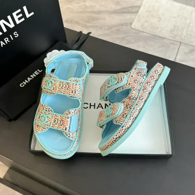 Chanel Women Sandals Braided Fabric Blue 1 cm Heel