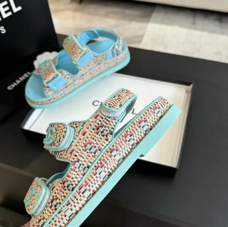 Chanel Women Sandals Braided Fabric Blue 1 cm Heel