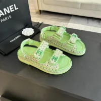 Chanel Women Sandals Braided Fabric Green 1 cm Heel (1)