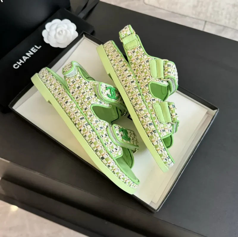 Chanel Women Sandals Braided Fabric Green 1 cm Heel