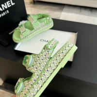 Chanel Women Sandals Braided Fabric Green 1 cm Heel (1)