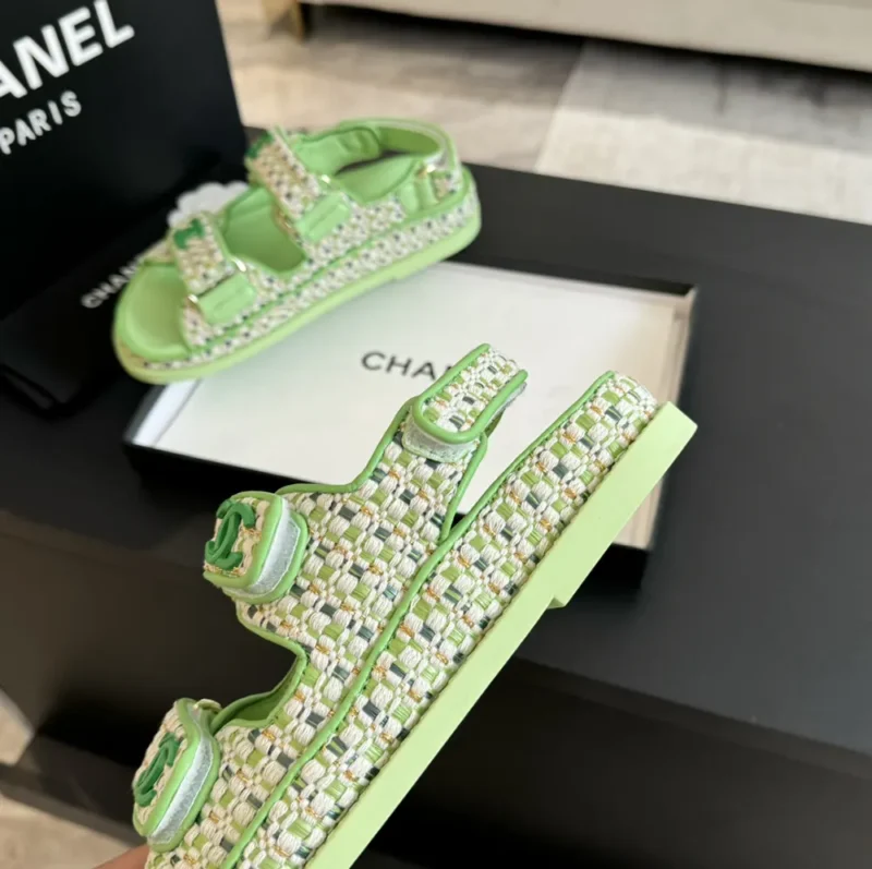 Chanel Women Sandals Braided Fabric Green 1 cm Heel