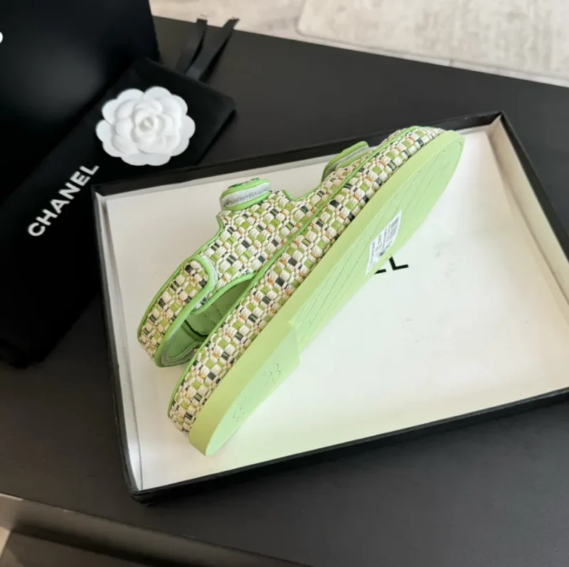 Chanel Women Sandals Braided Fabric Green 1 cm Heel